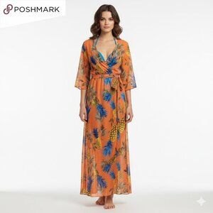 Tropical Pineapple Print Sheer Maxi Dress/Cover Up